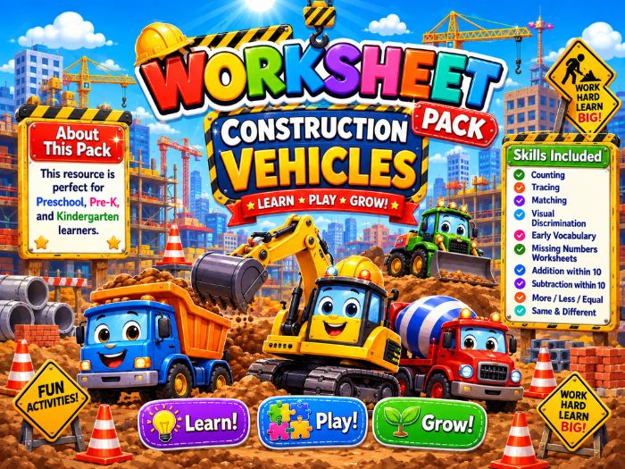 Construction Vehicles Worksheets | Preschool Pre-K Kindergarten Math & Tracing Activities
