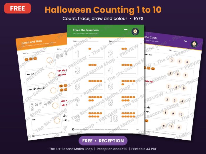 FREE EYFS Halloween Counting 1 to 10 Worksheets