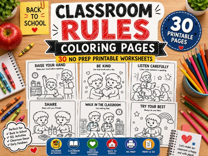Classroom Rules Coloring Pages | Back to School Activities | No Prep Printables