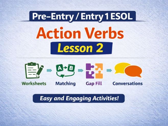 Pre-Entry ESOL Action Verbs Activities (Lesson 2) | Worksheets, Sorting, Crossword & Speaking | Adul