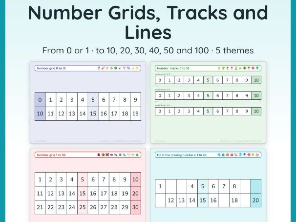 FREE Number Grids, Number Lines and Tracks | 0-100 | 5 Themes | Printable