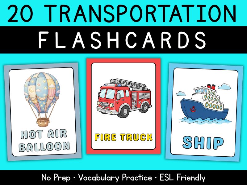 20 Full Page Transportation Flashcards & Posters | A4 No Prep Vehicle Vocabulary