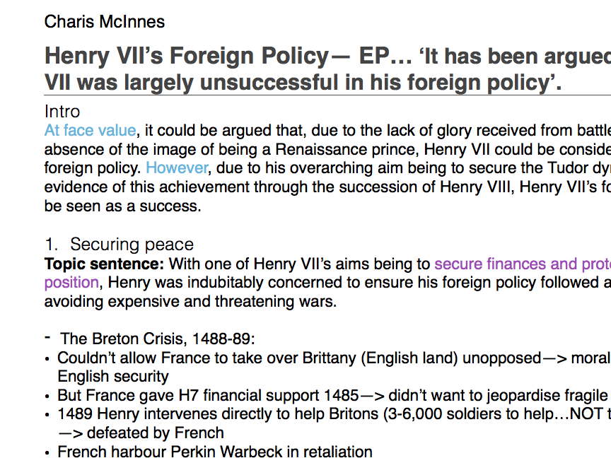 History AS/A Level, the Tudors: Henry VII's foreign policy Essay Plan