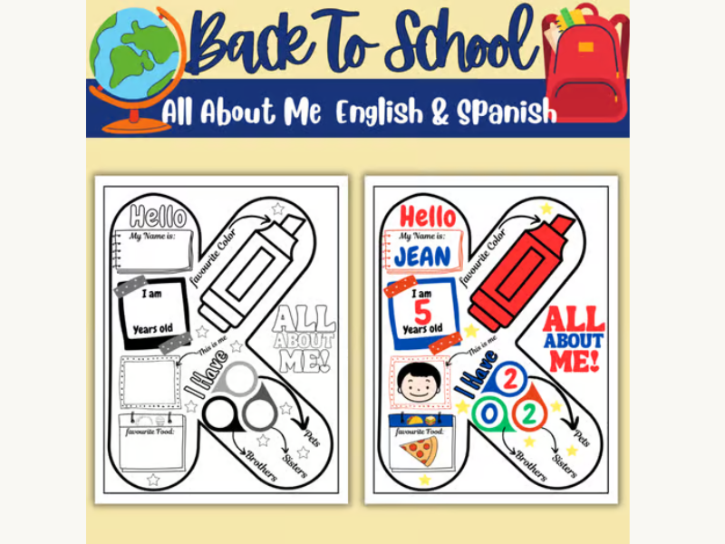 All About Me Worksheet for Kindergarten: Getting to Know You English & Spanish