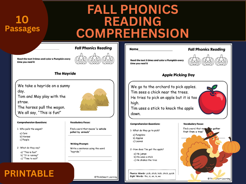 Fall Phonics  Worksheets Reading Comprehension