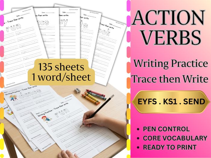 Action Verbs Handwriting & Letter Formation Worksheets | EYFS, KS1 & SEND (135 Pages)