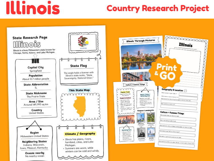 Illinois State Research Project | US Geography & State Study Worksheets