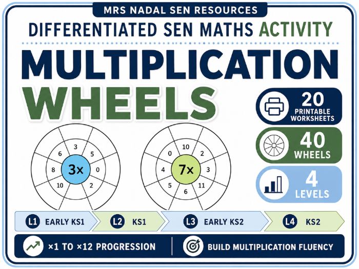 Multiplication Wheels SEN Maths Activity | 20 Worksheets, 40 Wheels | 4 Levels