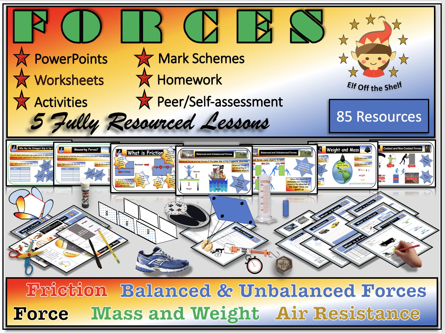 Forces - Force, Weight, Friction, Air Resistance, Balanced and Unbalanced Forces 5 Fully Resourced Lessons  for KS3