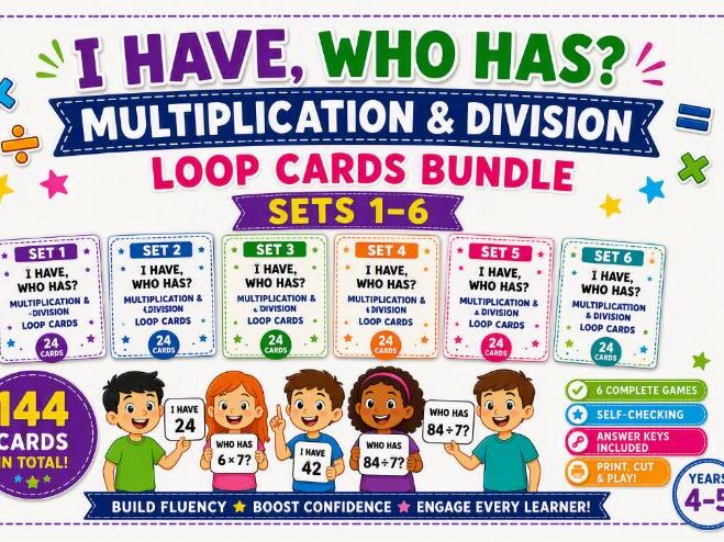 Multiplication & Division Loop Cards MEGA Bundle | I Have, Who Has? | 144 Cards | Sets 1-6