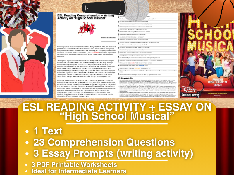 ESL Reading Comprehension + Writing Activity Worksheets on High School Musical