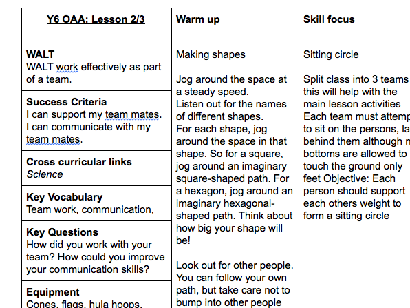 OAA Year 6 Scheme of learning 12 weeks