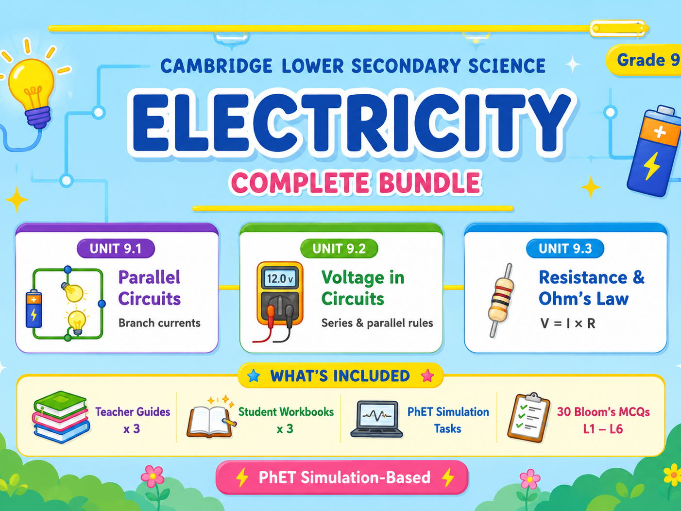 Cambridge Lower Secondary Science – Unit 9 Electricity Complete Bundle (Teacher Guides + Student Workbooks | PhET Activities)