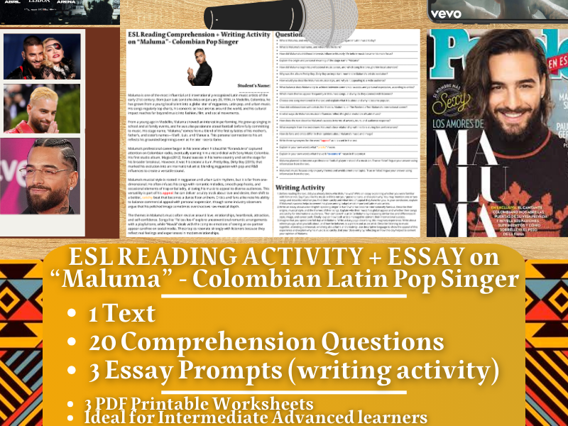 ESL Reading Comprehension + Essay - Maluma - Colombian Latin Pop Singer