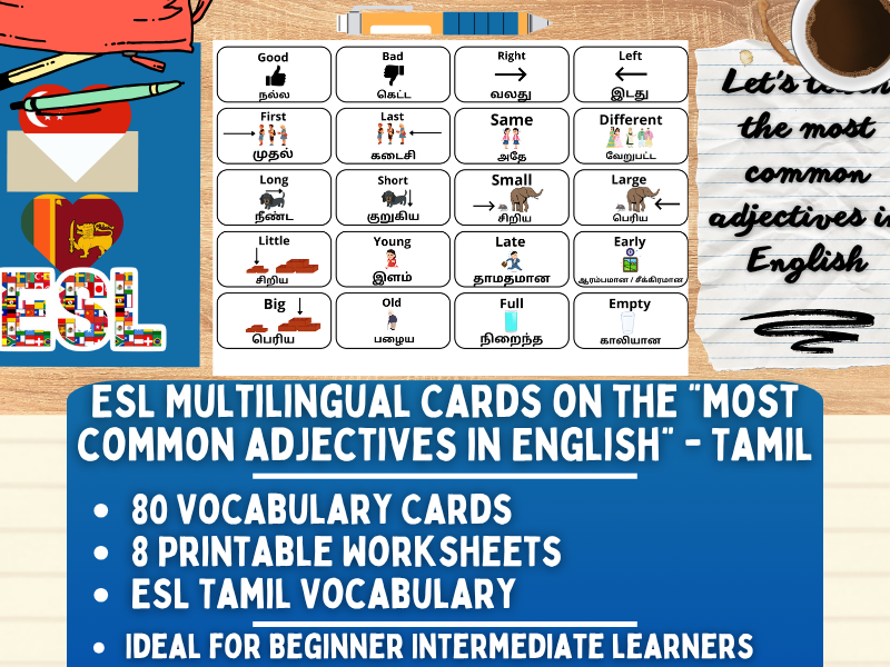 ESL Multilingual Vocabulary Flashcards - Most common adjectives - Tamil
