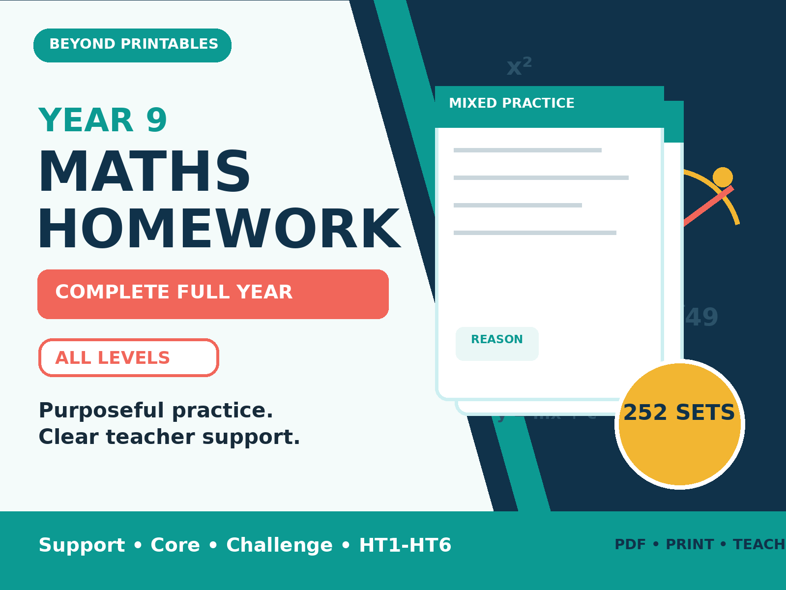 Year 9 Maths Homework Complete Full Year | Support, Core and Challenge | 252 Sets