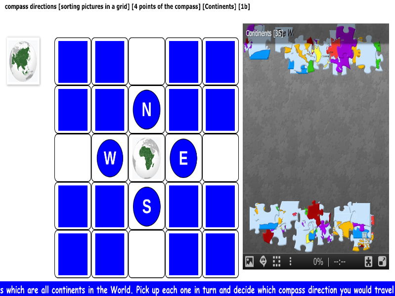 compass directions [sorting pictures in a grid] [4 points of the compass] [Continents] [1b]