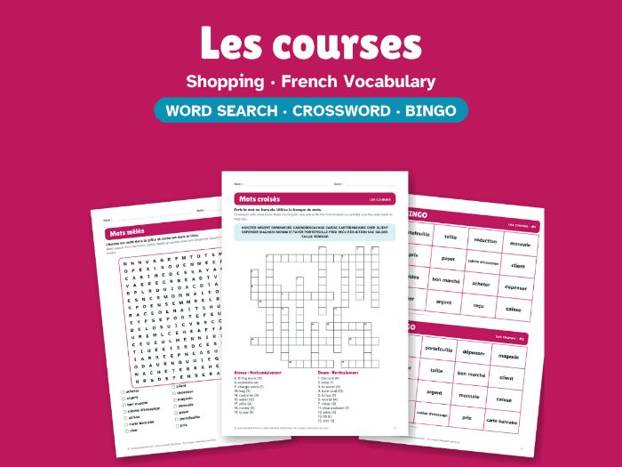 Shopping in French: Word Search, Crossword & Bingo