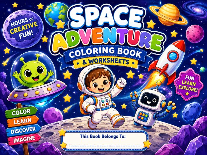 Space Coloring Book & Worksheets for Kindergarten to 3rd Grade | Astronaut Rocket Activities