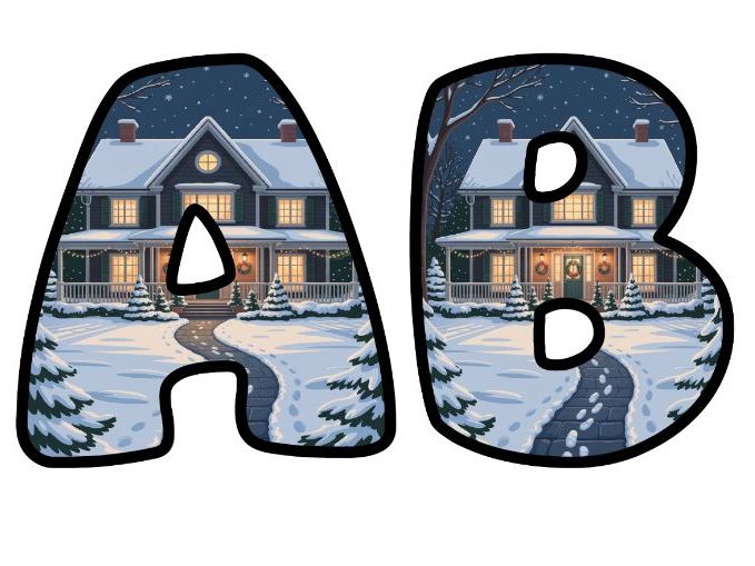 Snowy Christmas House Lettering Set | Classroom Display | Upper & Lowercase, 0-9 and Signs