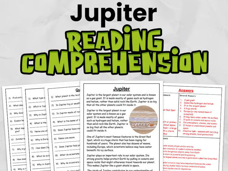 Jupiter Reading Comprehension for Gr 3 - 5: No Prep Space Activity