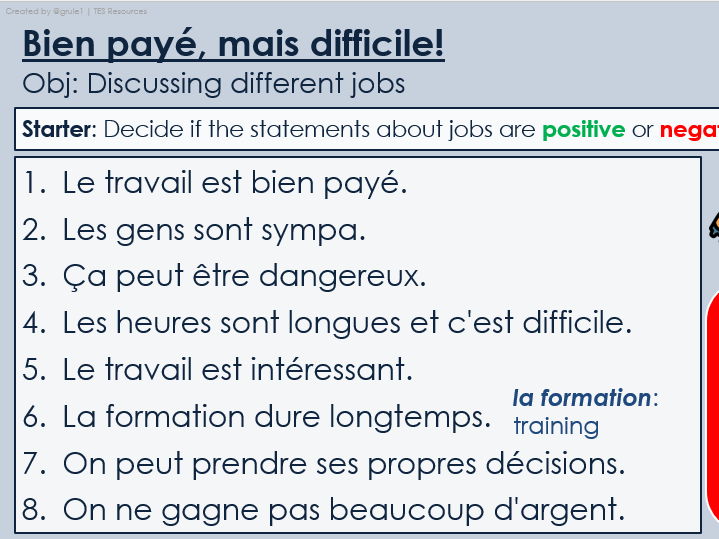 NEW 2026 GCSE French. Foundation/ Vert. Module 8. Unit 4. Bien payé, mais difficile!