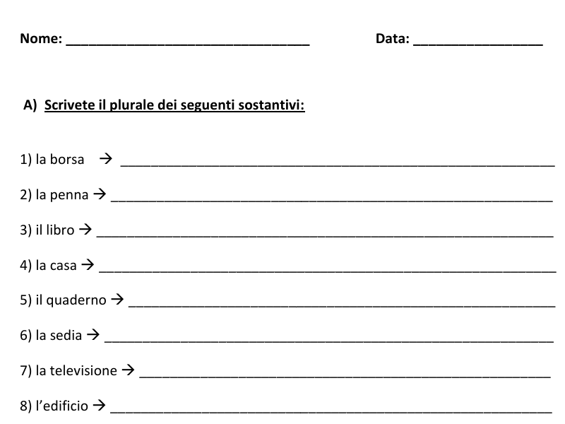 Italian Nouns Singular and Plural Number Woksheets