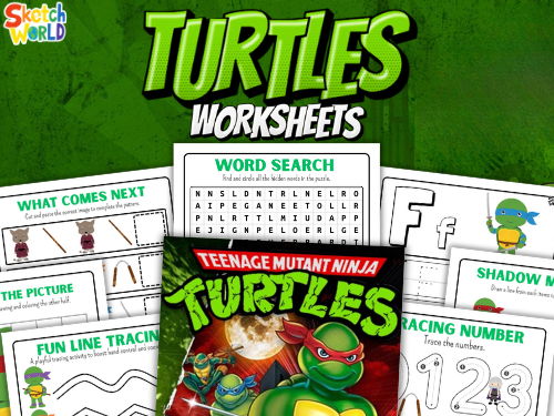 Turtle Heroes Themed Preschool Worksheets | Tracing, Mazes, Counting, Alphabet & Fine Motor