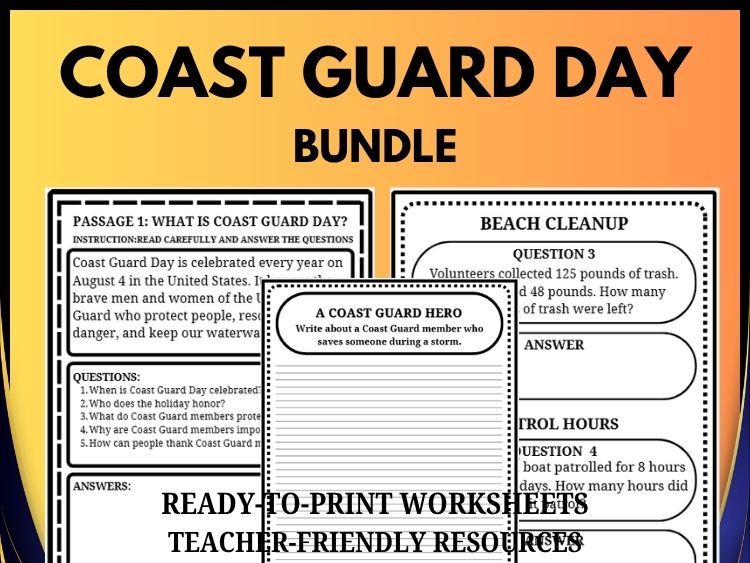 Coast Guard Day Bundle | Reading Comprehension, Math Word Problems & Writing Prompts | Grades 2–8