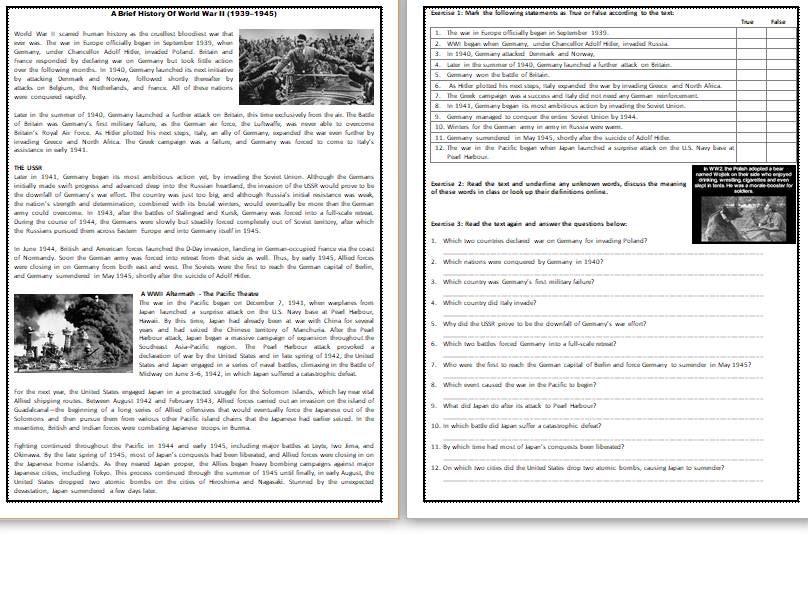 A Brief History Of World War Ii Reading Comprehension Worksheet Text Teaching Resources