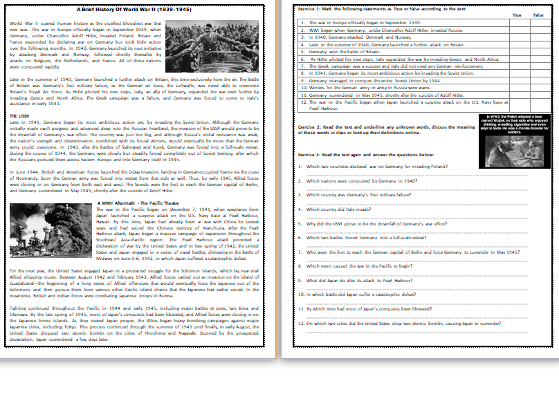 A Brief History Of World War II - Reading Comprehension Worksheet / Text |  Teaching Resources