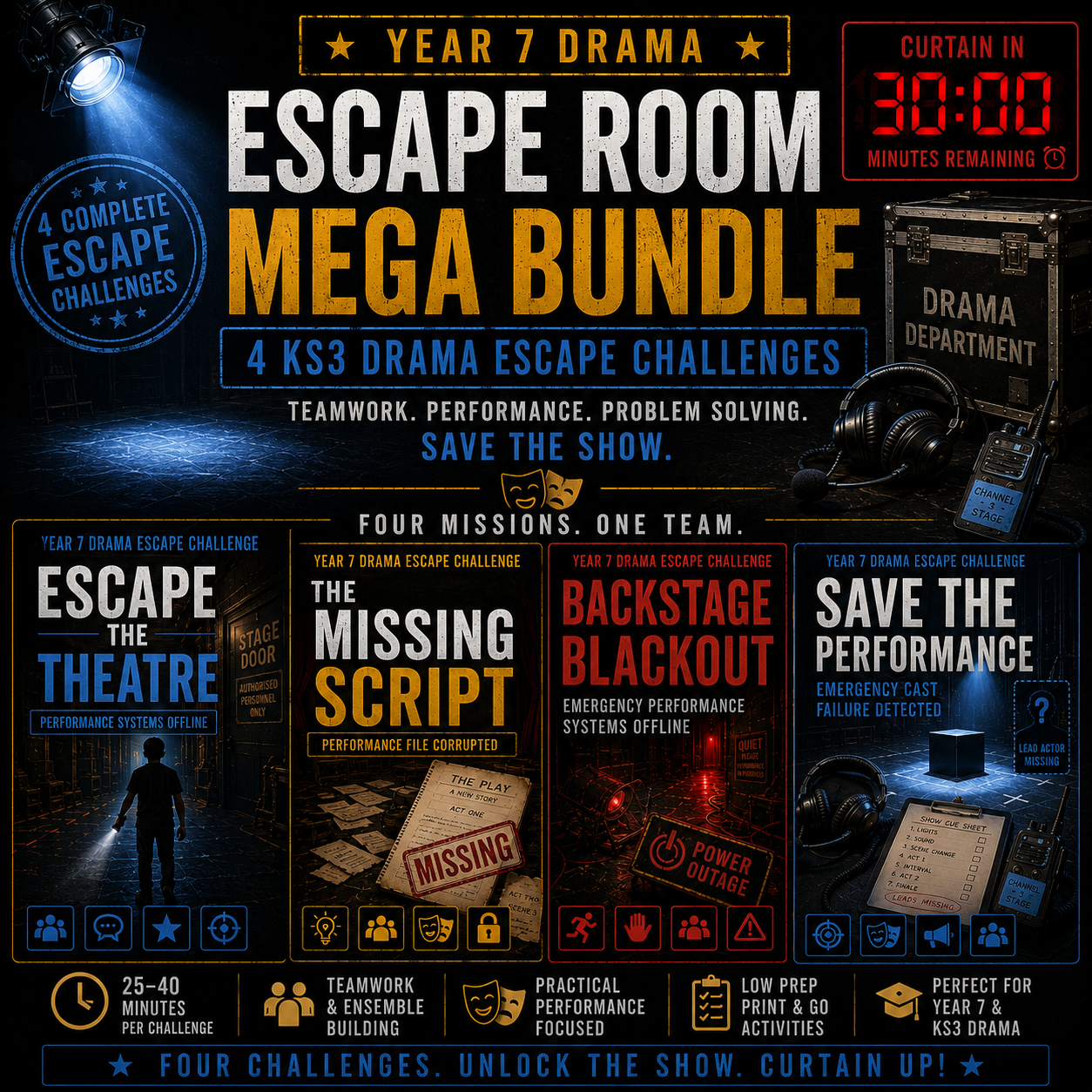 Year 7 Drama Escape Room Mega Bundle | 4 KS3 Drama Escape Challenges & Performance Activities