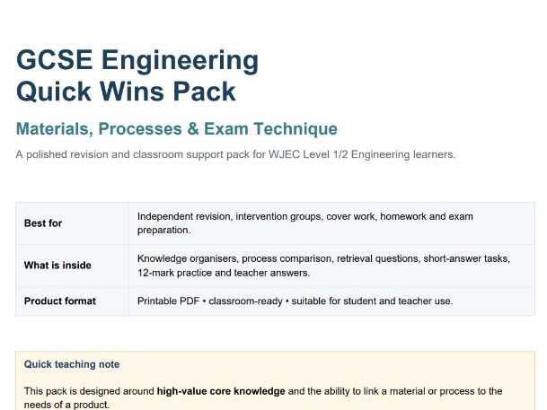 GCSE Engineering Quick Wins Pack: Materials, Processes & Exam Technique