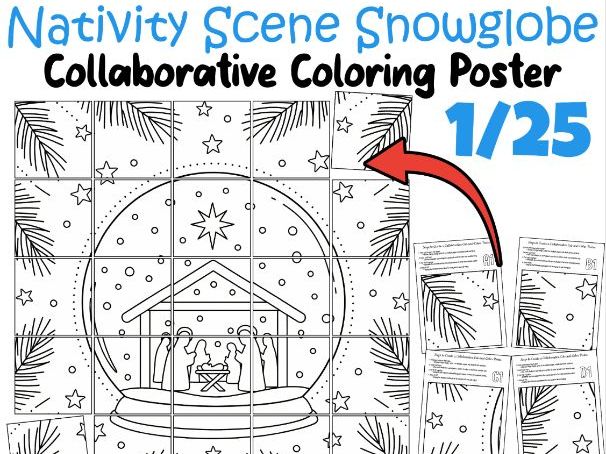 Nativity Scene Snowglobe Collaborative Poster | Christmas Bible Coloring Art