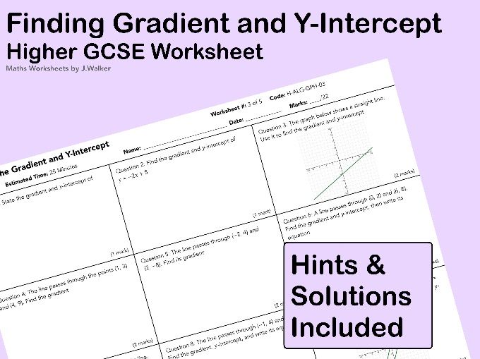 GCSE Maths Worksheet: Finding Gradient and Y-Intercept - Higher Tier