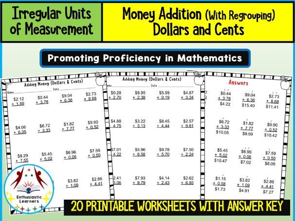 Money Addition with Regrouping | Dollars and Cents | Worksheets Practice Activity