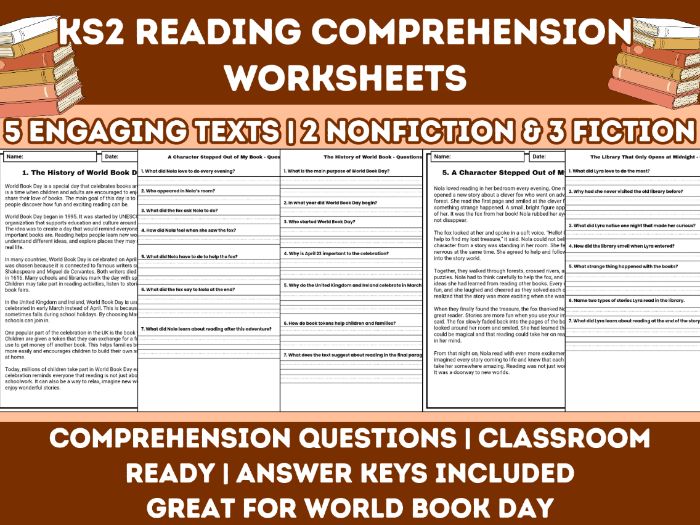 World Book Day Reading Comprehension KS2 Year 3-4 Worksheets & Questions | No-prep | answer key