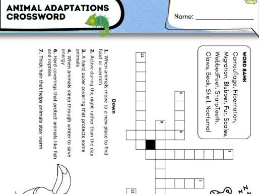 Animal Adaptations Crossword | Science Vocabulary Worksheet