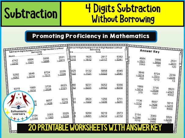 4-Digit Subtraction without Borrowing Worksheets – Practice Activity