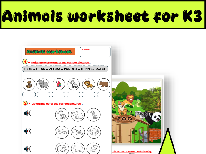 k3 animals worksheet Test " writing - comprehension- listening "
