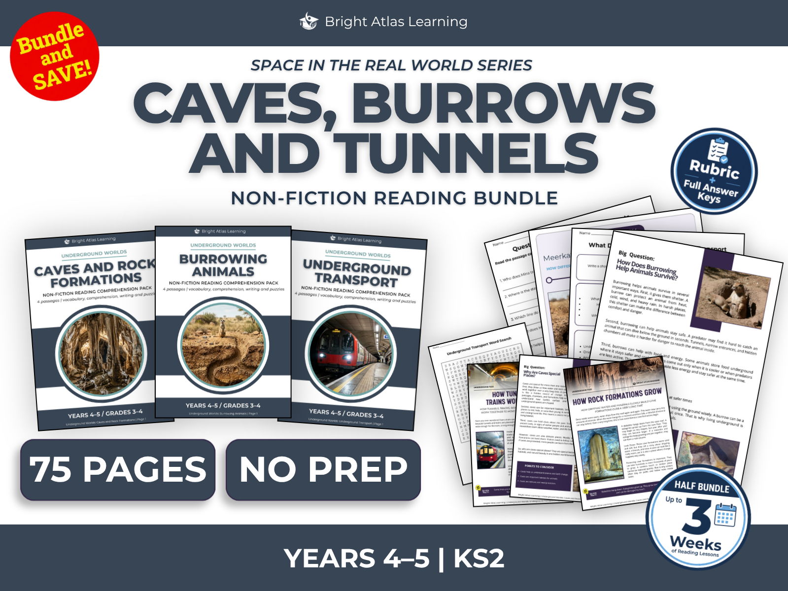 Caves, Burrowing Animals and Underground Transport Reading Comprehension Bundle | KS2 Years 4–5