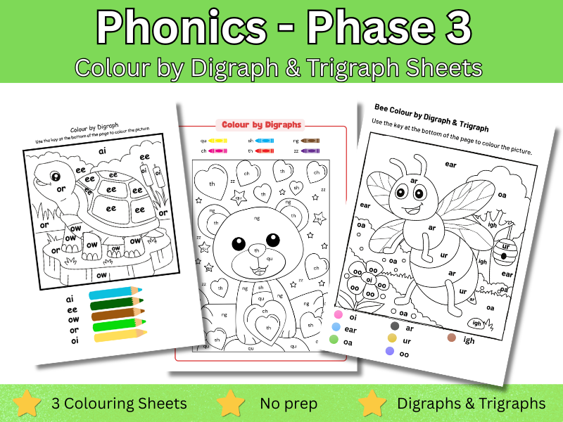 Phase 3 Colour by Digraph & Trigraph – Phonics Colouring Sheets