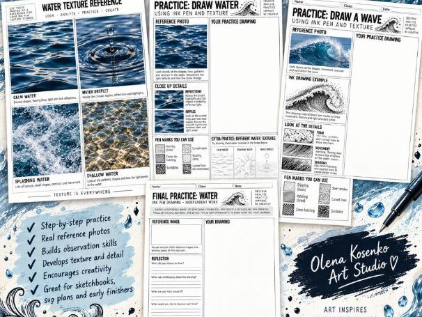 Ink Pen Water Texture Drawing | Waves, Ripples & Reflections | Art Worksheets