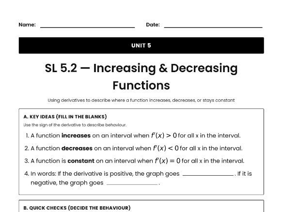 IB Math AI Worksheet SL 5.2 - Increasing & Decreasing Functions