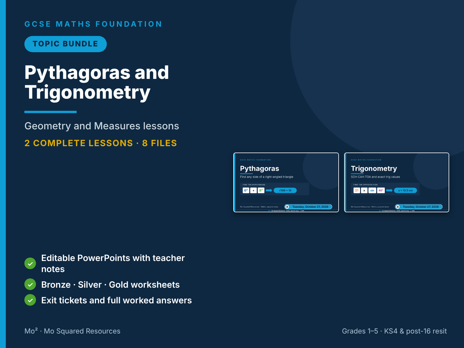 Pythagoras and Trigonometry – 2 GCSE Maths Foundation Lessons (Topic Bundle) with Worksheets & Answers