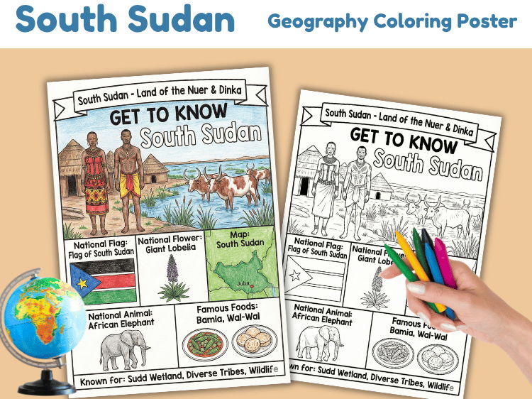 South Sudan Geography Coloring Poster | Country Facts for Kids