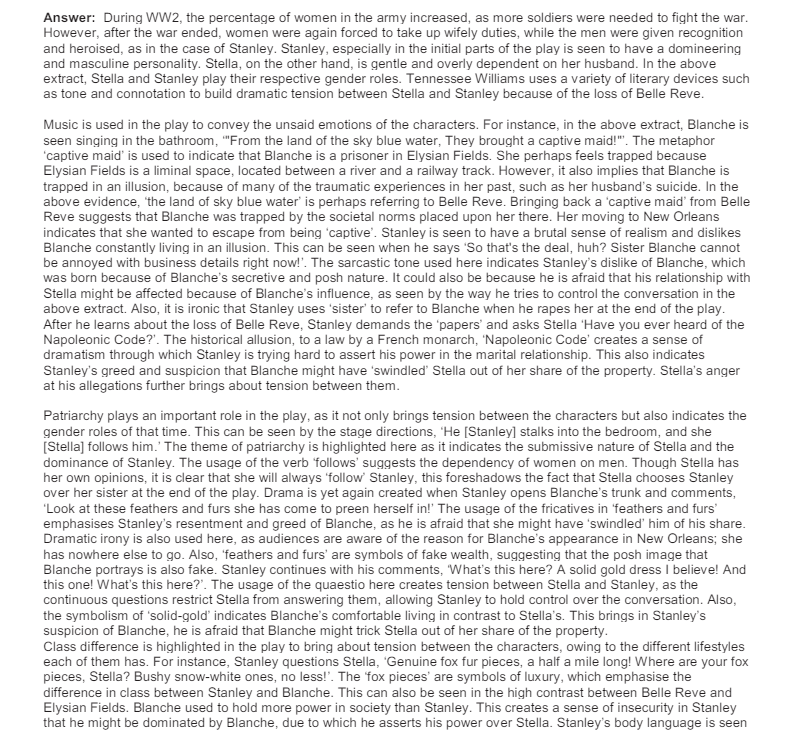 CIE IGCSE A Streetcar Named Desire Model Answers | Teaching Resources