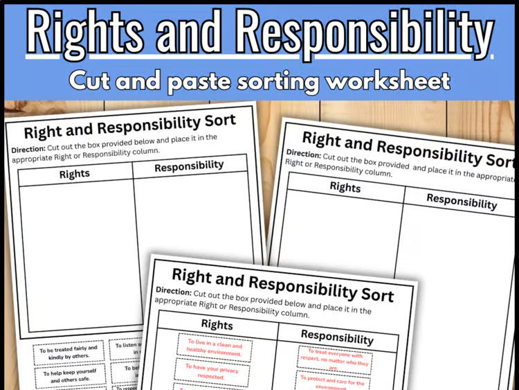 Human Rights and Responsibilities Sort, Cut and Paste No prep worksheets