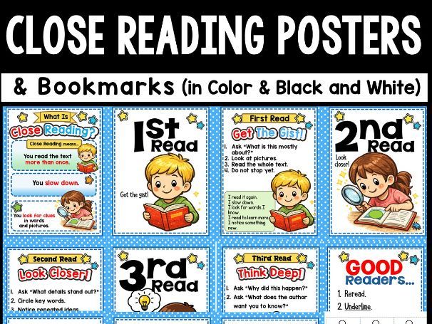 Close Reading Posters & Visual Strategy Cards | First, Second & Third Read | K–2