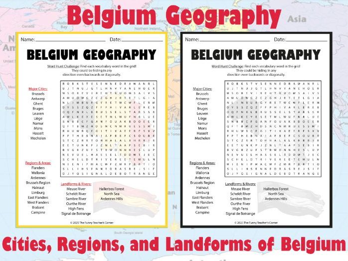 Belgium Geography Word Search | Cities, Regions, and Landforms of Belgium